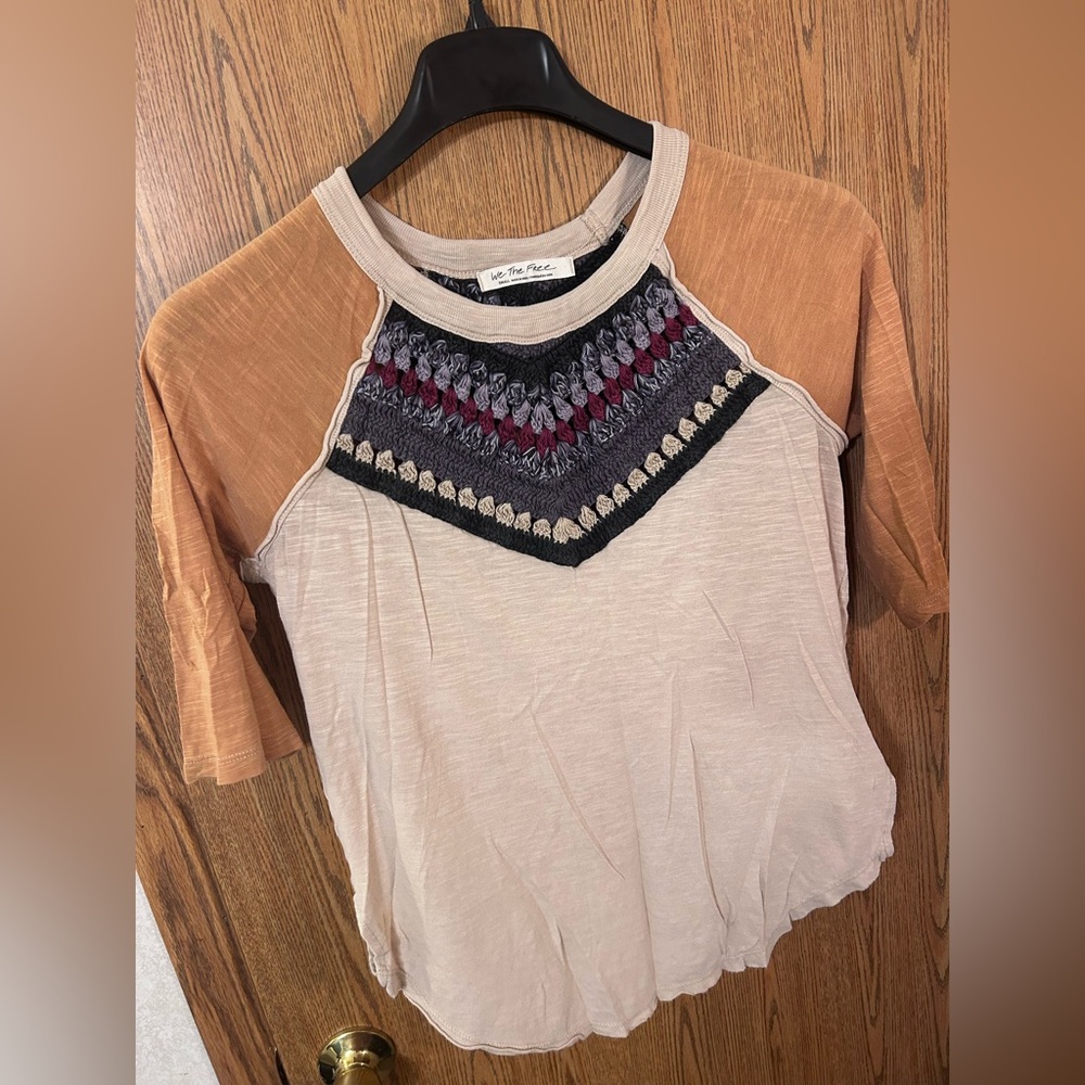 We The Free by Free People Spring Bound Tan Crochet Yoke Baseball Tee - Picture 3 of 6